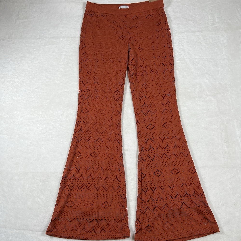 American Eagle Womens Flare Burnt Orange Laser Cut Crochet Boho Pants Medium Y2K